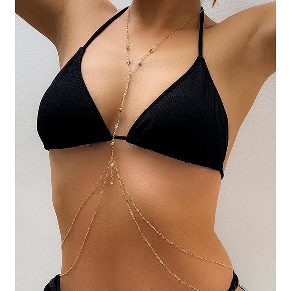 Women B2 Gold Body Chain Rhinestone Silver Bra Lingere Bikini Top Lingerie Chain - Picture 2 of 5